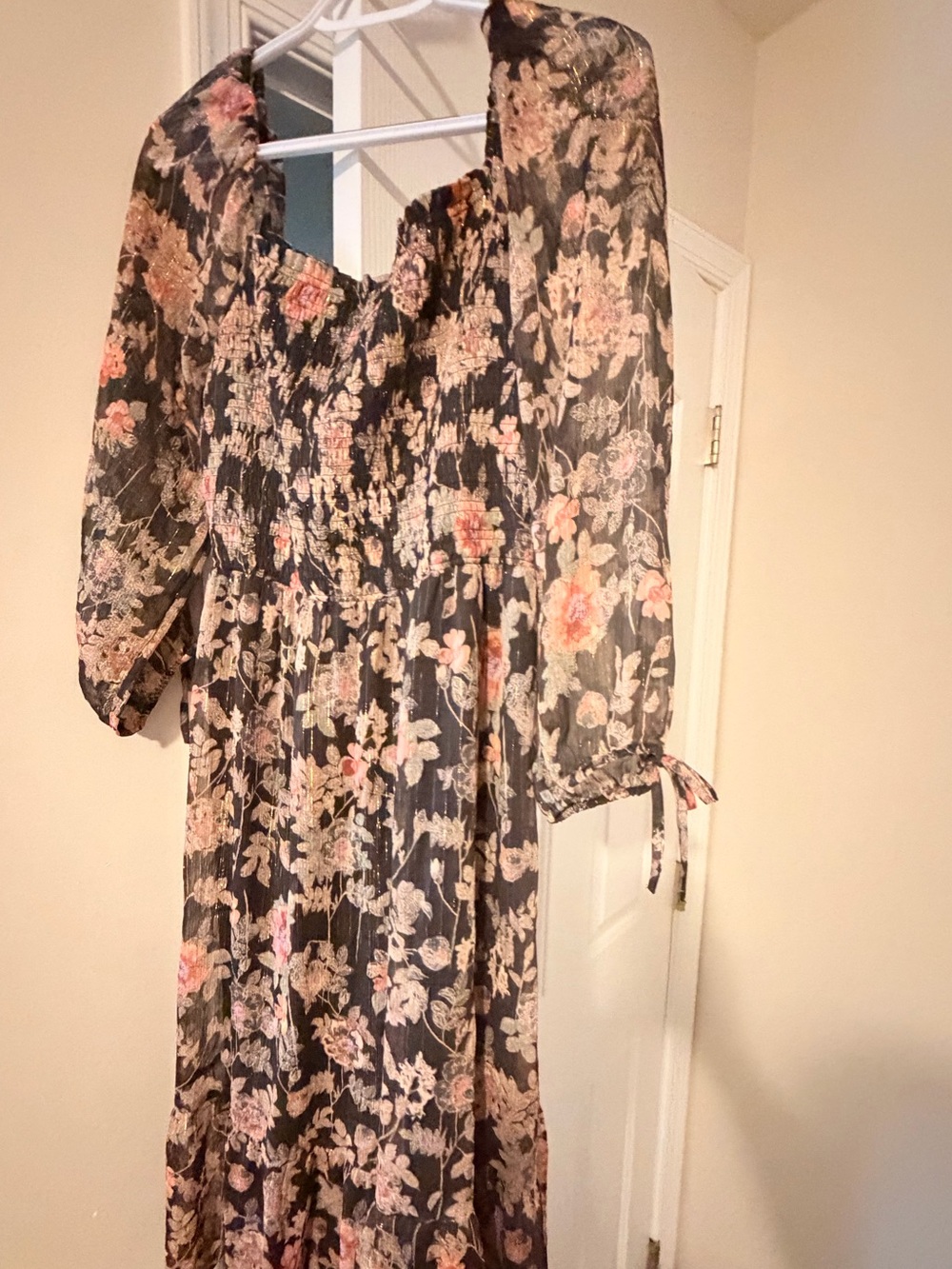 LC Lauren Conrad Black Floral Midi Dress with Puff Sleeves